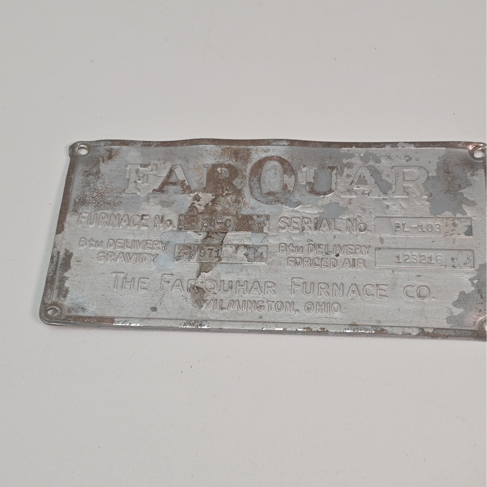 Vintage FarQuar Furnace Steel Nameplate Wilmington, Ohio